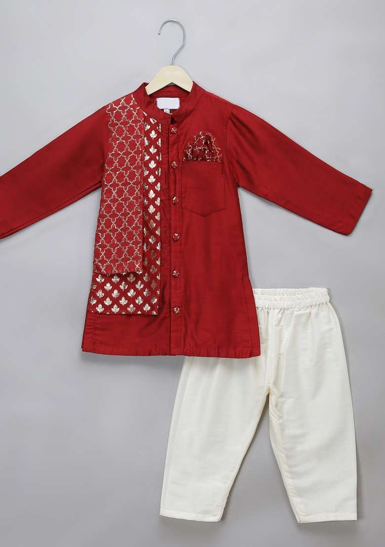 Maroon Embroidered Cotton Silk Kurta Set Wedding Eid For Boys - Indya