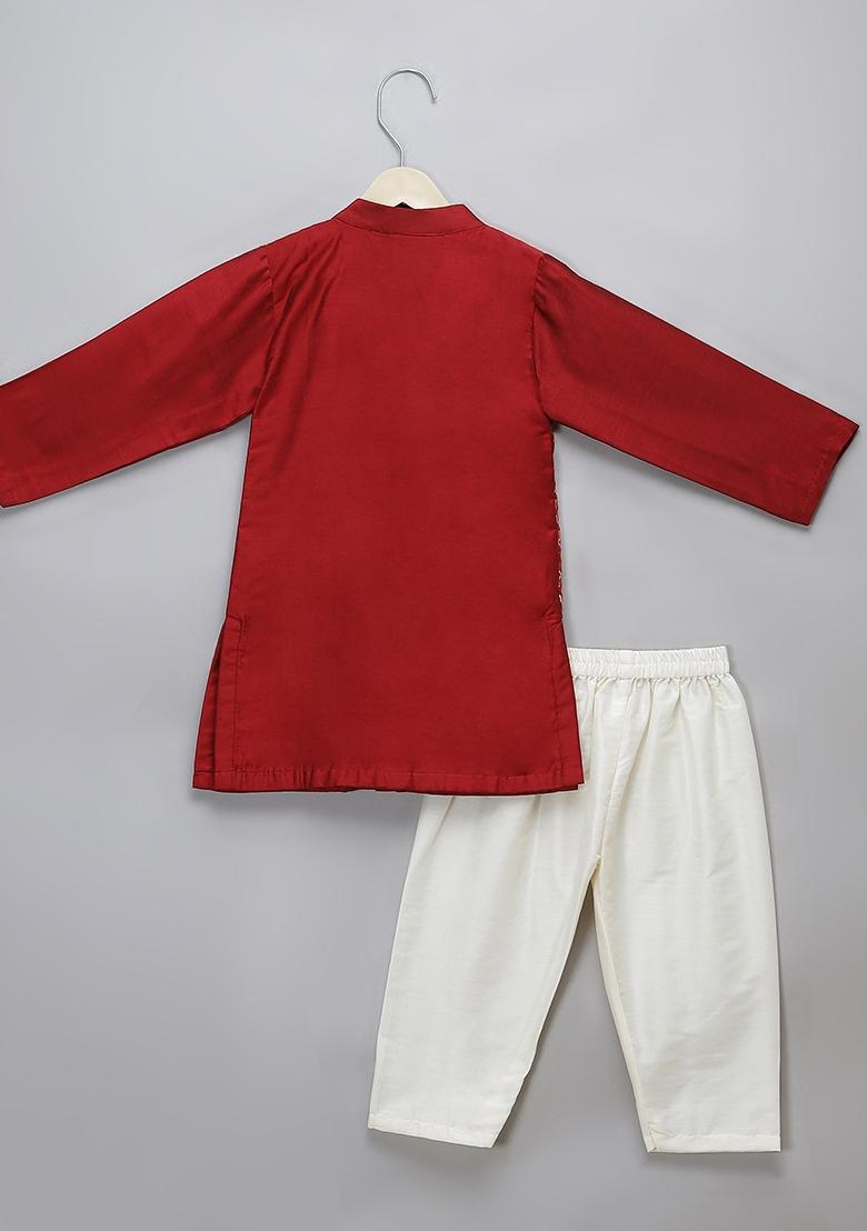 Maroon Embroidered Cotton Silk Kurta Set Wedding Eid For Boys
