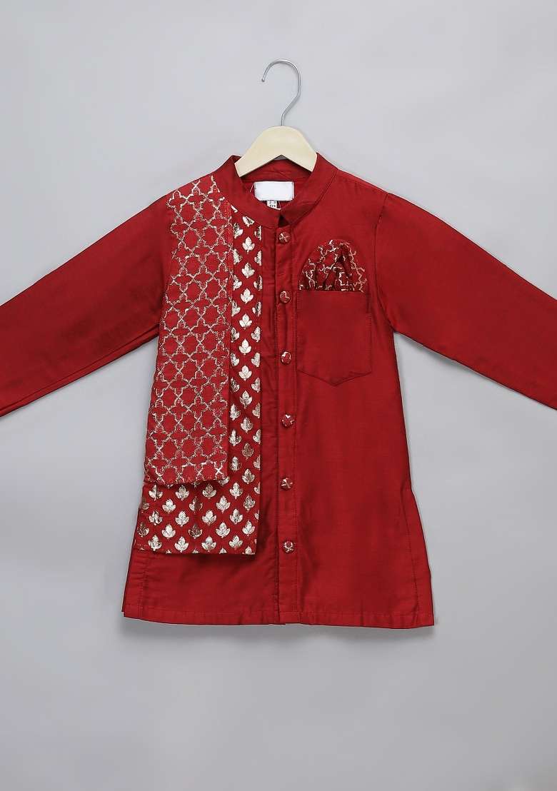 Maroon Embroidered Cotton Silk Kurta Set Wedding Eid For Boys - Indya
