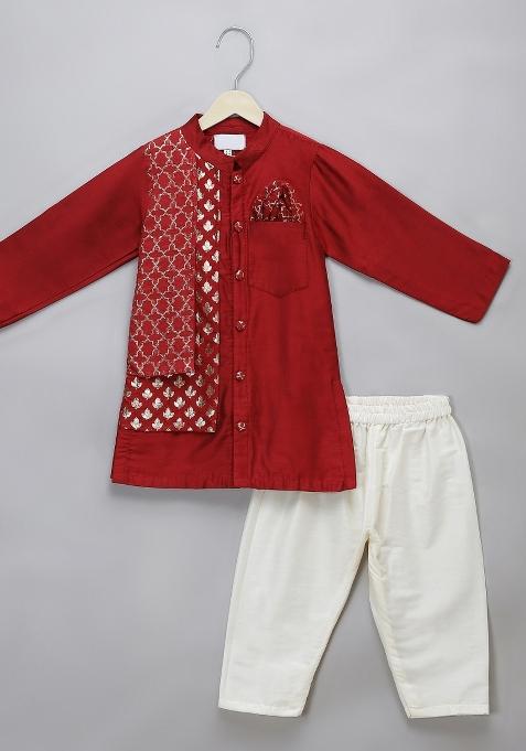 Maroon Embroidered Cotton Silk Kurta Set Wedding Eid For Boys
