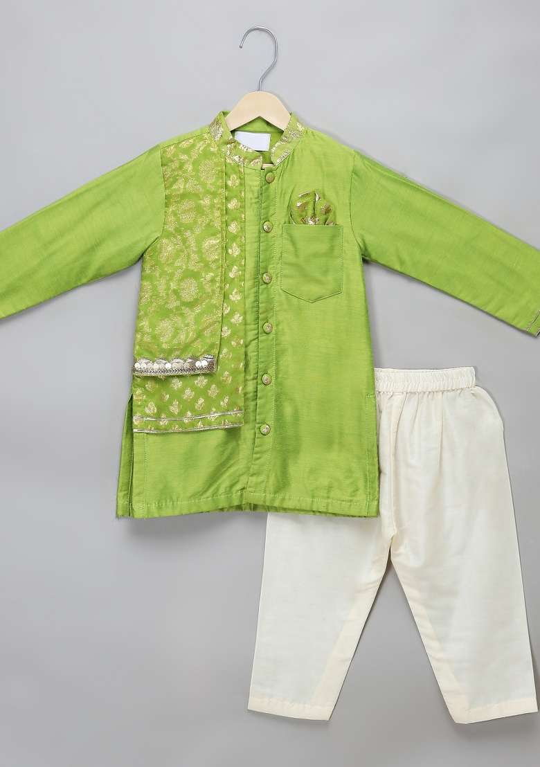 Green Embroidered Cotton Silk Kurta Set Wedding Eid For Boys - Indya