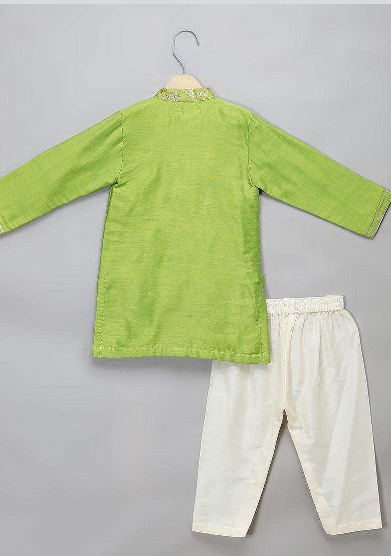 Green Embroidered Cotton Silk Kurta Set Wedding Eid For Boys