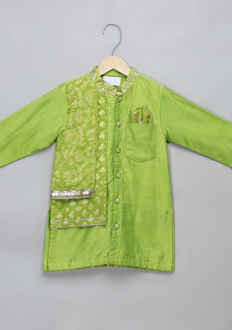 Green Embroidered Cotton Silk Kurta Set Wedding Eid For Boys - Indya