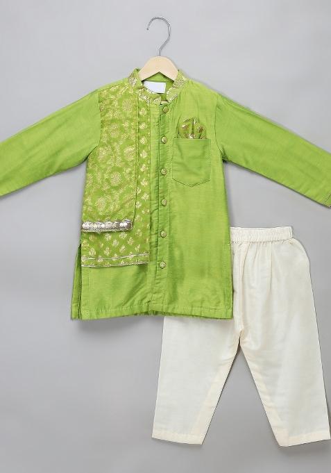 Green Embroidered Cotton Silk Kurta Set Wedding Eid For Boys