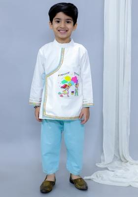 White Printed Cotton Kurta Set Holi For Boys