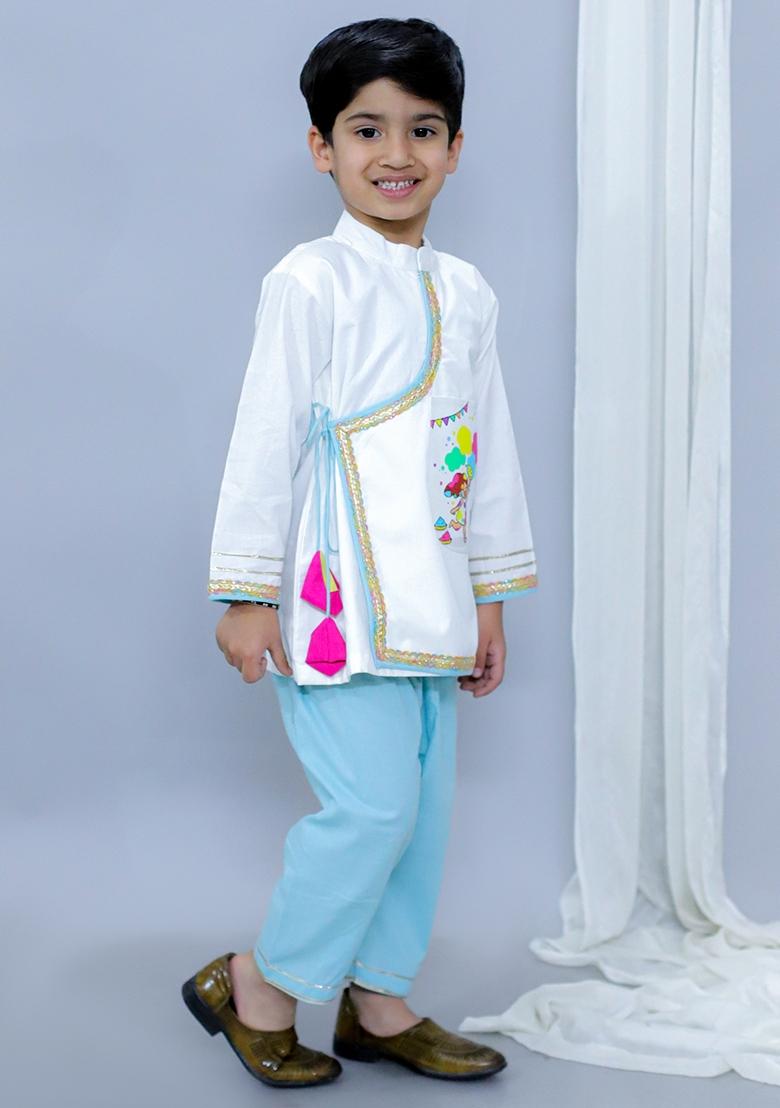White Printed Cotton Kurta Set Holi For Boys