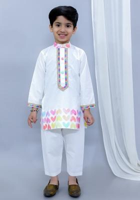 White Printed Cotton Kurta Set Holi For Boys