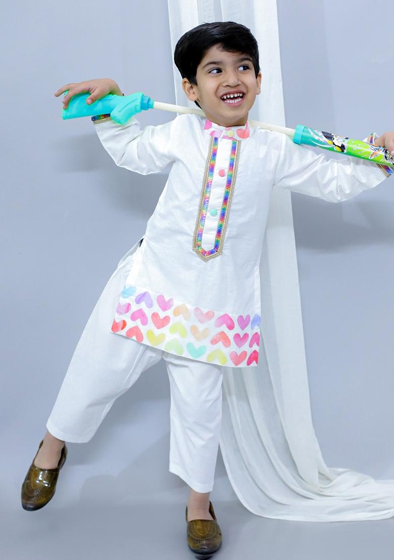 White Printed Cotton Kurta Set Holi For Boys