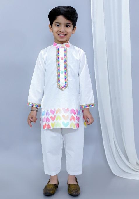 White Printed Cotton Kurta Set Holi For Boys