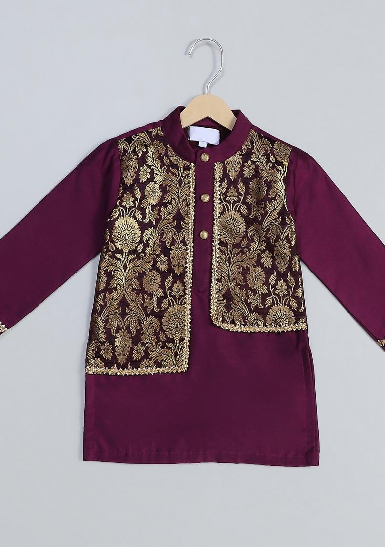 Purple Embroidered Cotton Silk Kurta Set Eid Wedding For Boys