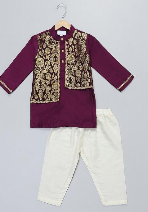 Purple Embroidered Cotton Silk Kurta Set Eid Wedding For Boys