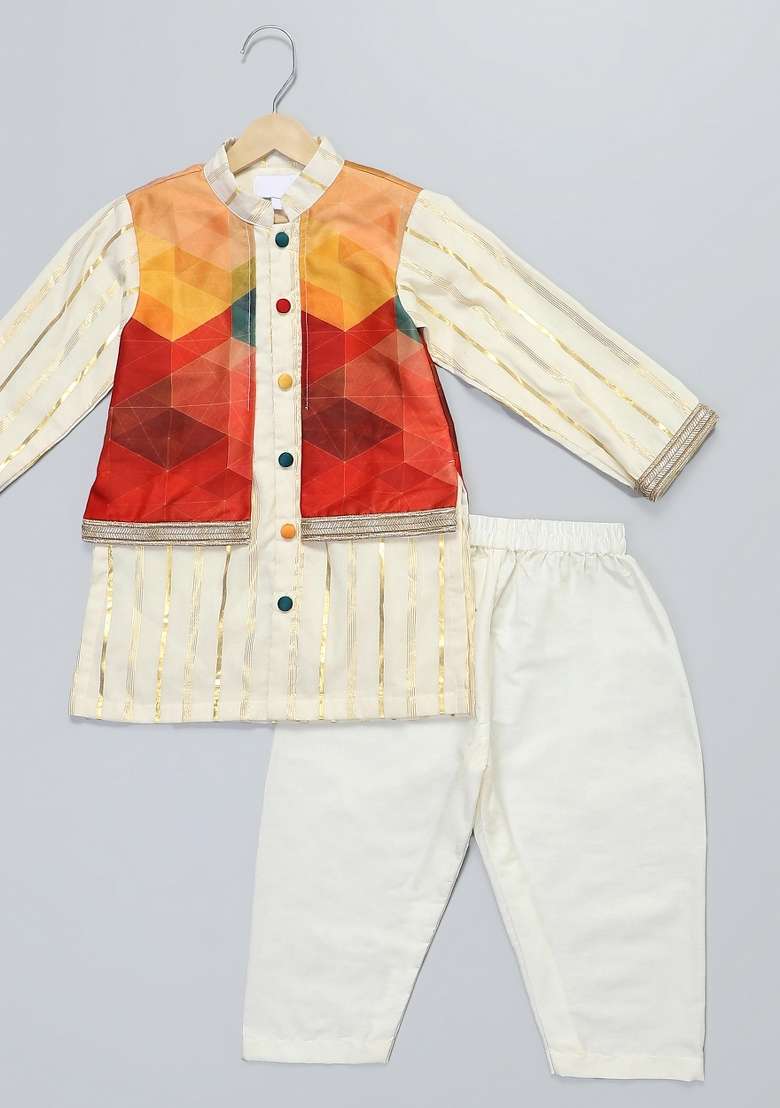 Multicolor Embroidered Cotton Silk Kurta Set Wedding For Boys - Indya