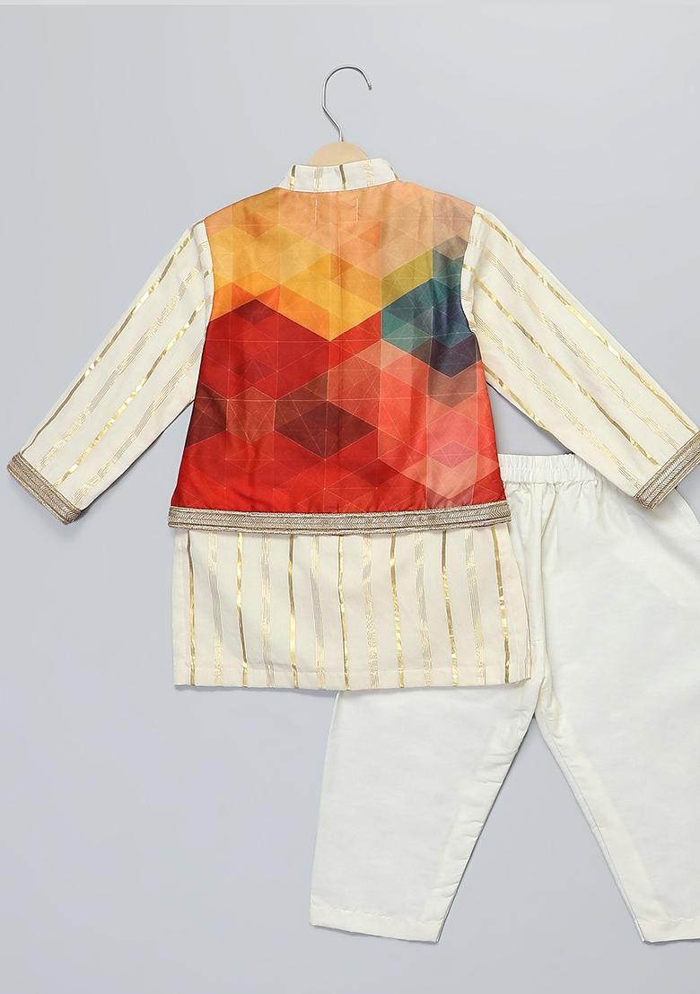 Multicolor Embroidered Cotton Silk Kurta Set Wedding For Boys