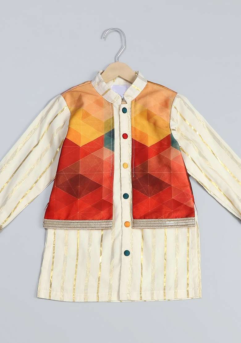 Multicolor Embroidered Cotton Silk Kurta Set Wedding For Boys - Indya