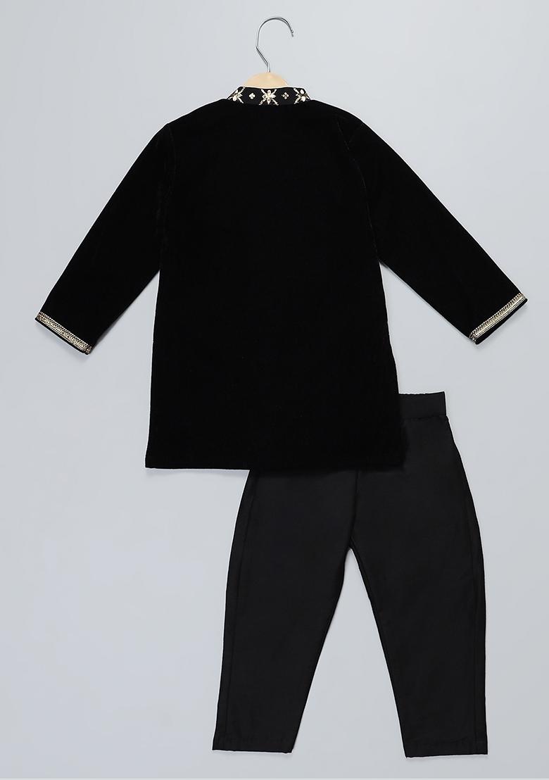Black Embroidered Velvet Kurta Set Wedding Eid For Boys