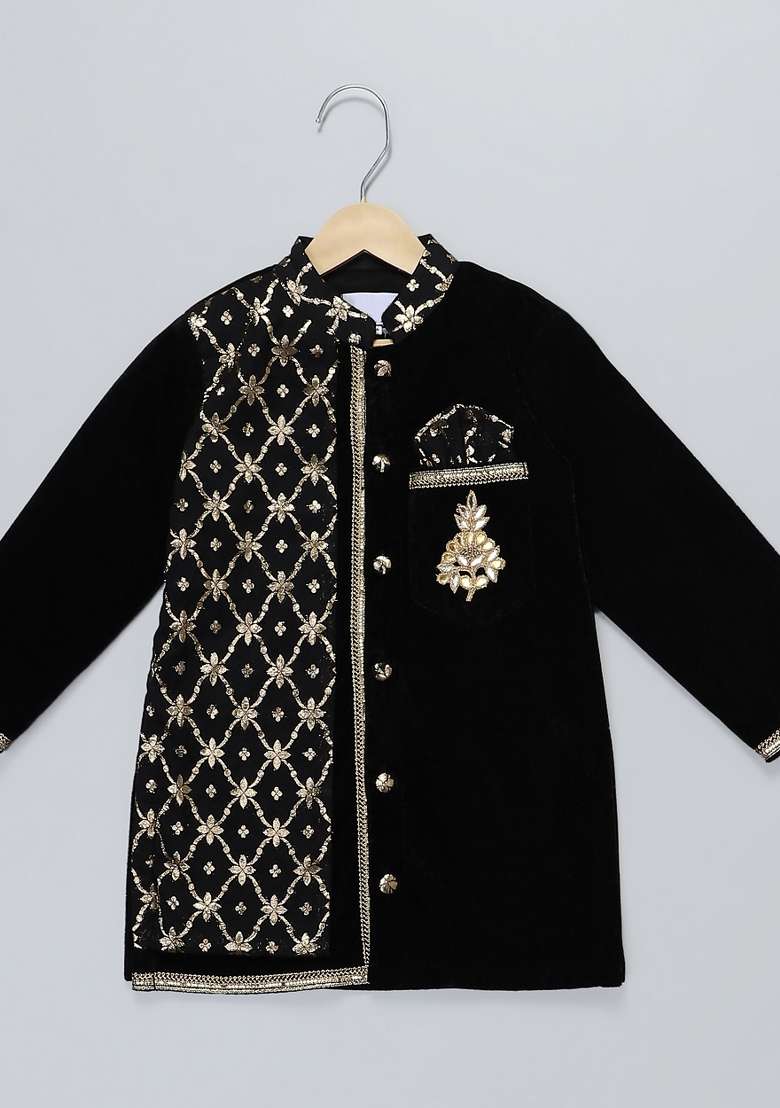 Black Embroidered Velvet Kurta Set Wedding Eid For Boys - Indya