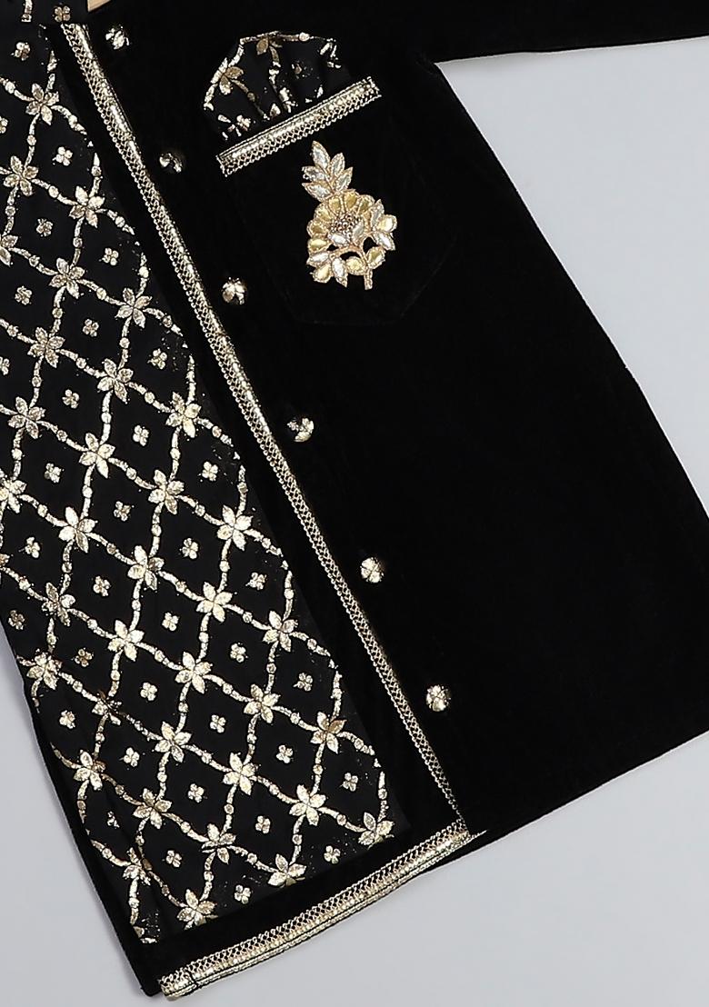 Black Embroidered Velvet Kurta Set Wedding Eid For Boys