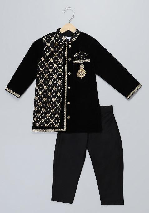 Black Embroidered Velvet Kurta Set Wedding Eid For Boys