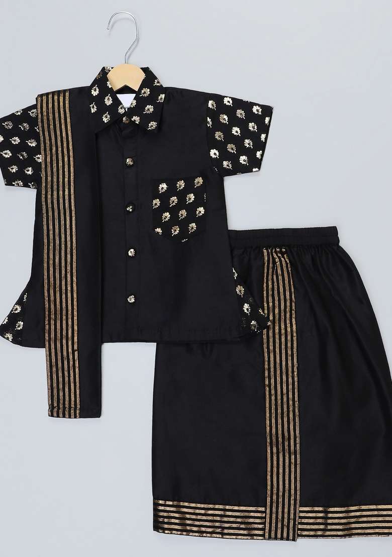 Black Embroidered Cotton Silk Shirt Lungi Set Wedding Pongal For Boys - Indya