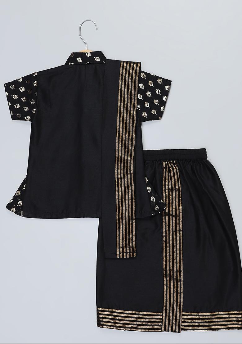 Black Embroidered Cotton Silk Shirt Lungi Set Wedding Pongal For Boys
