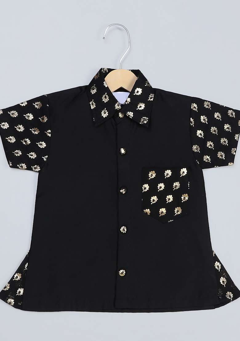 Black Embroidered Cotton Silk Shirt Lungi Set Wedding Pongal For Boys - Indya