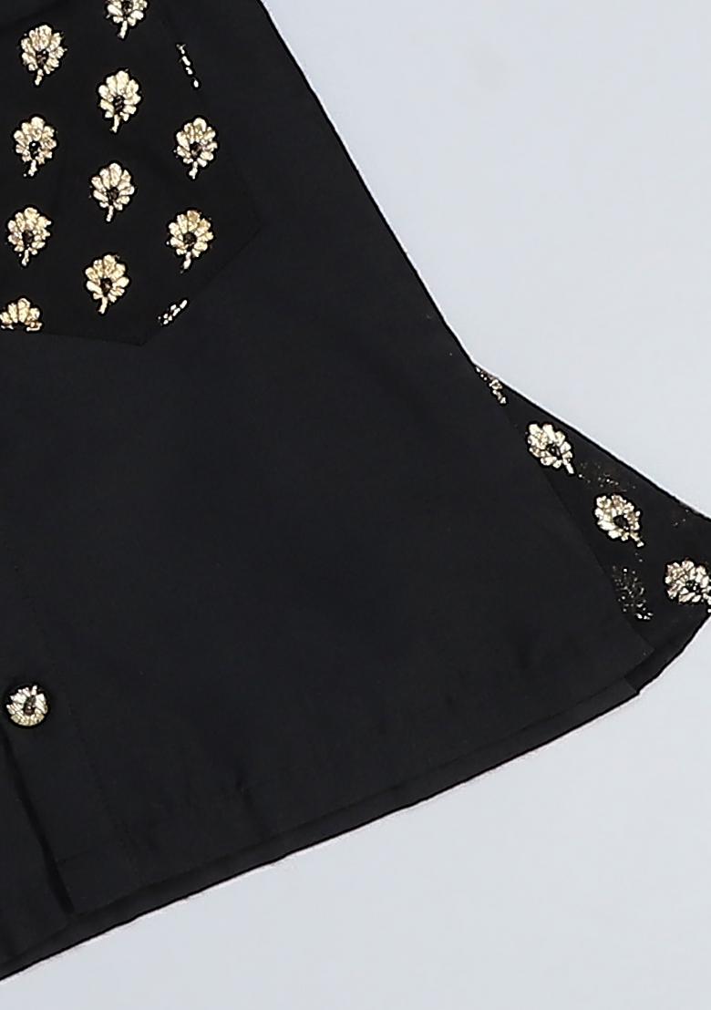 Black Embroidered Cotton Silk Shirt Lungi Set Wedding Pongal For Boys