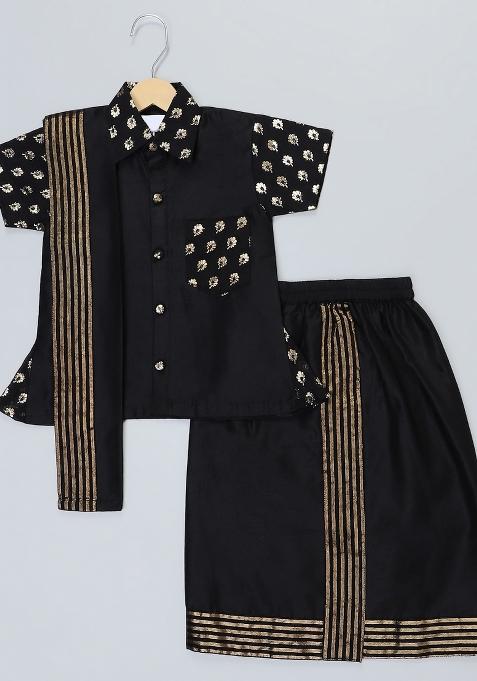 Black Embroidered Cotton Silk Shirt Lungi Set Wedding Pongal For Boys