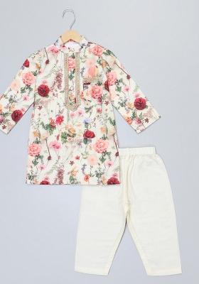 Multicolor Printed Cotton Silk Kurta Set Wedding For Boys