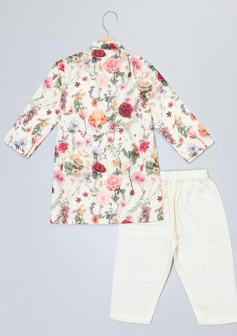 Multicolor Printed Cotton Silk Kurta Set Wedding For Boys