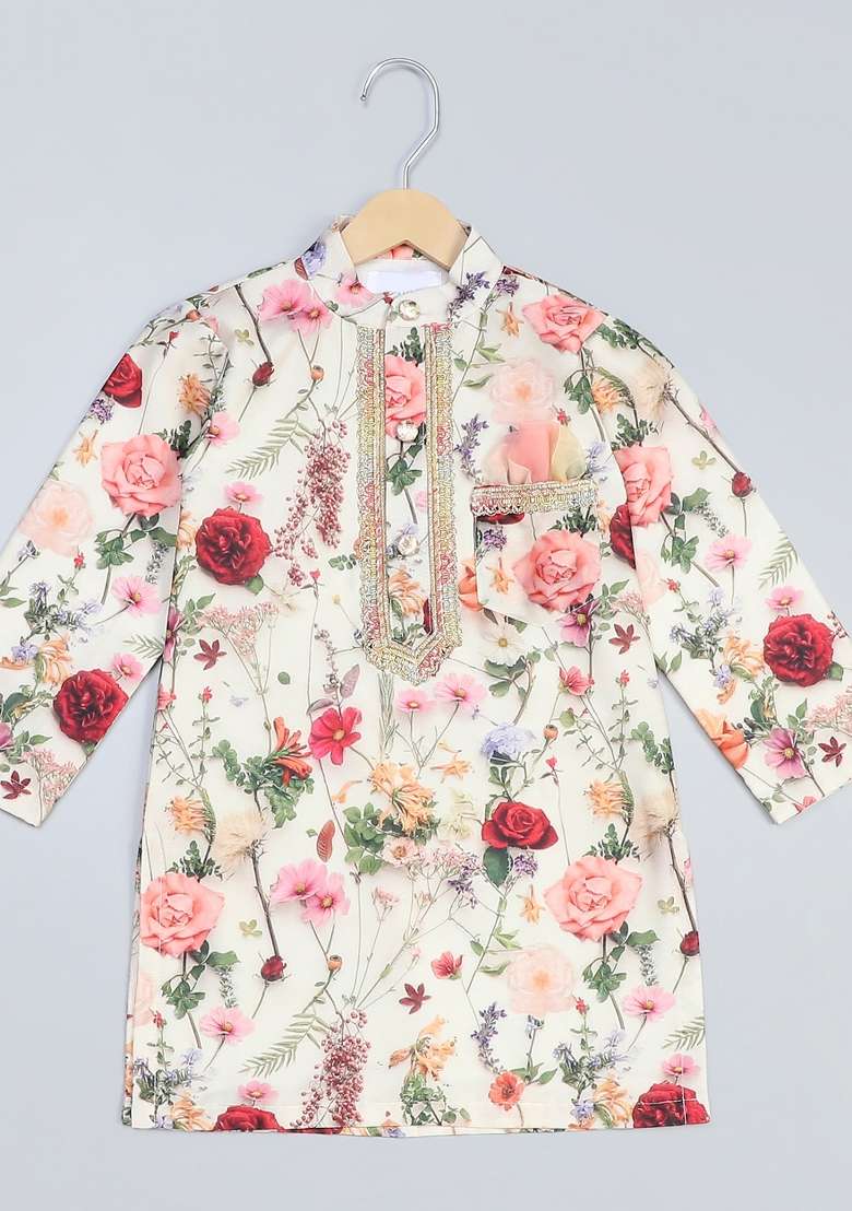 Multicolor Printed Cotton Silk Kurta Set Wedding For Boys - Indya