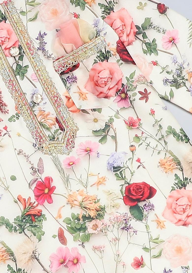 Multicolor Printed Cotton Silk Kurta Set Wedding For Boys