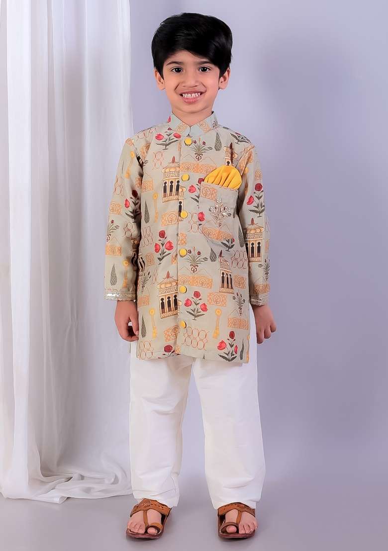 Multicolor Printed Cotton Silk Kurta Set Eid Wedding For Boys - Indya