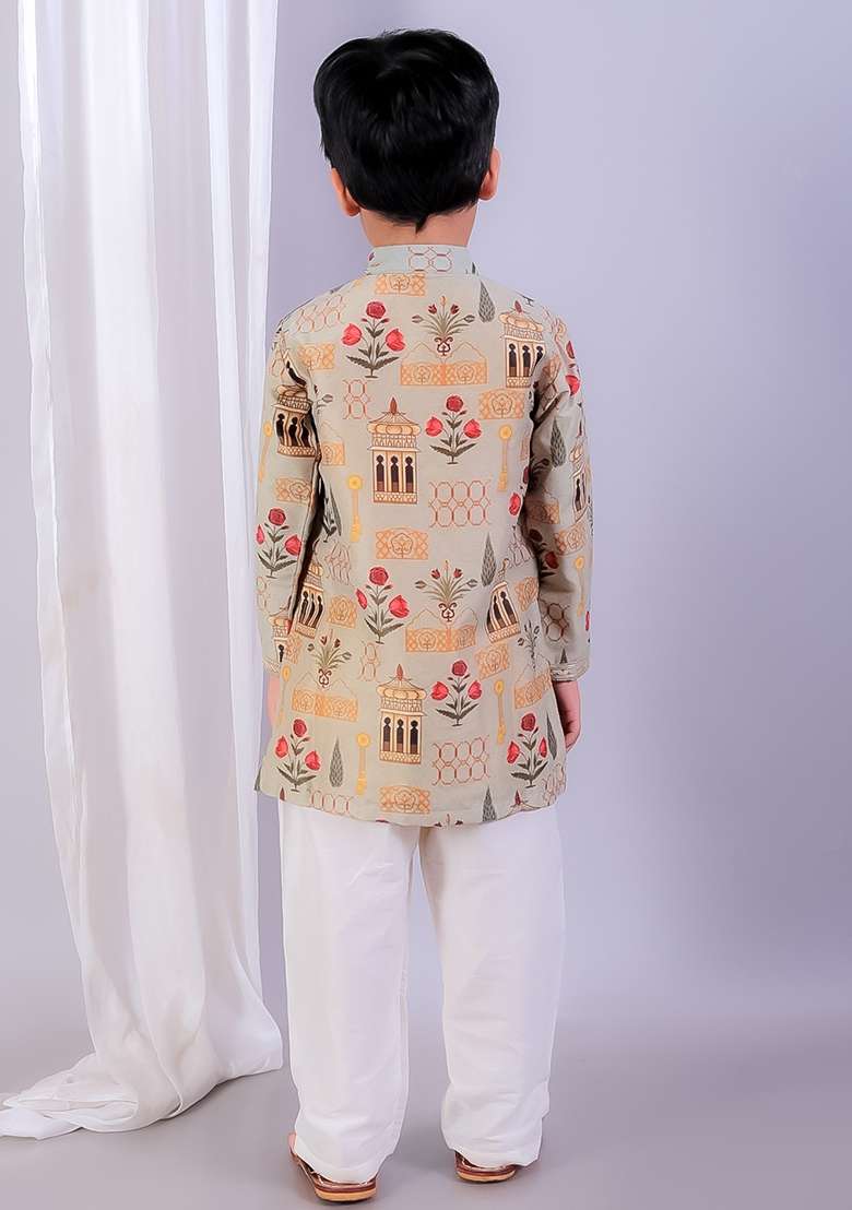 Multicolor Printed Cotton Silk Kurta Set Eid Wedding For Boys - Indya