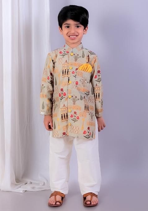 Multicolor Printed Cotton Silk Kurta Set Eid Wedding For Boys