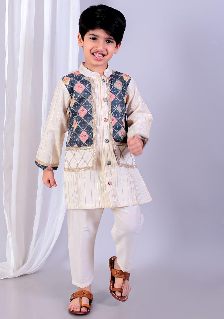 Black Embroidered Cotton Silk Kurta Set Wedding For Boys