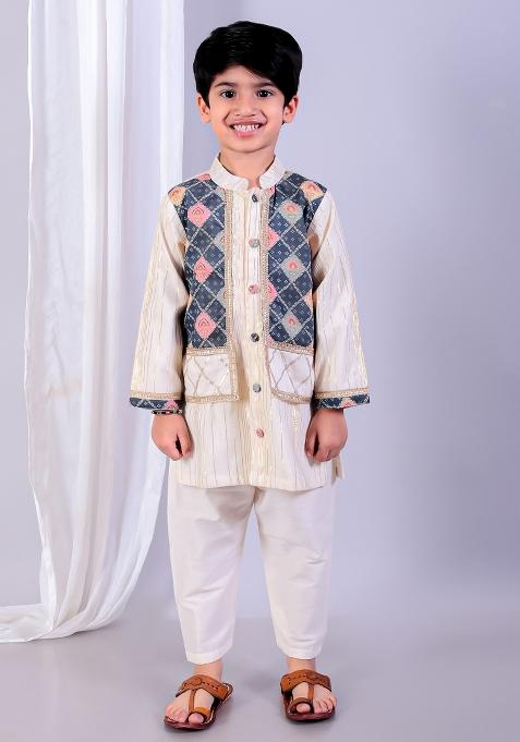 Black Embroidered Cotton Silk Kurta Set Wedding For Boys