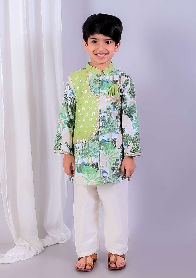 Green Embroidered Cotton Silk Kurta Set Eid Wedding For Boys - Indya