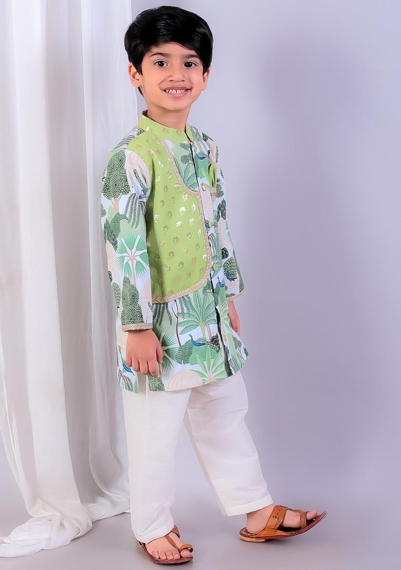 Green Embroidered Cotton Silk Kurta Set Eid Wedding For Boys