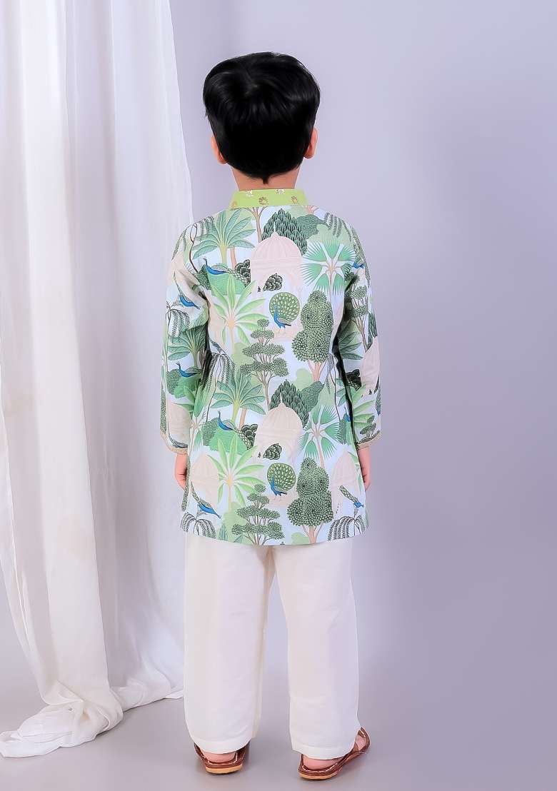 Green Embroidered Cotton Silk Kurta Set Eid Wedding For Boys - Indya
