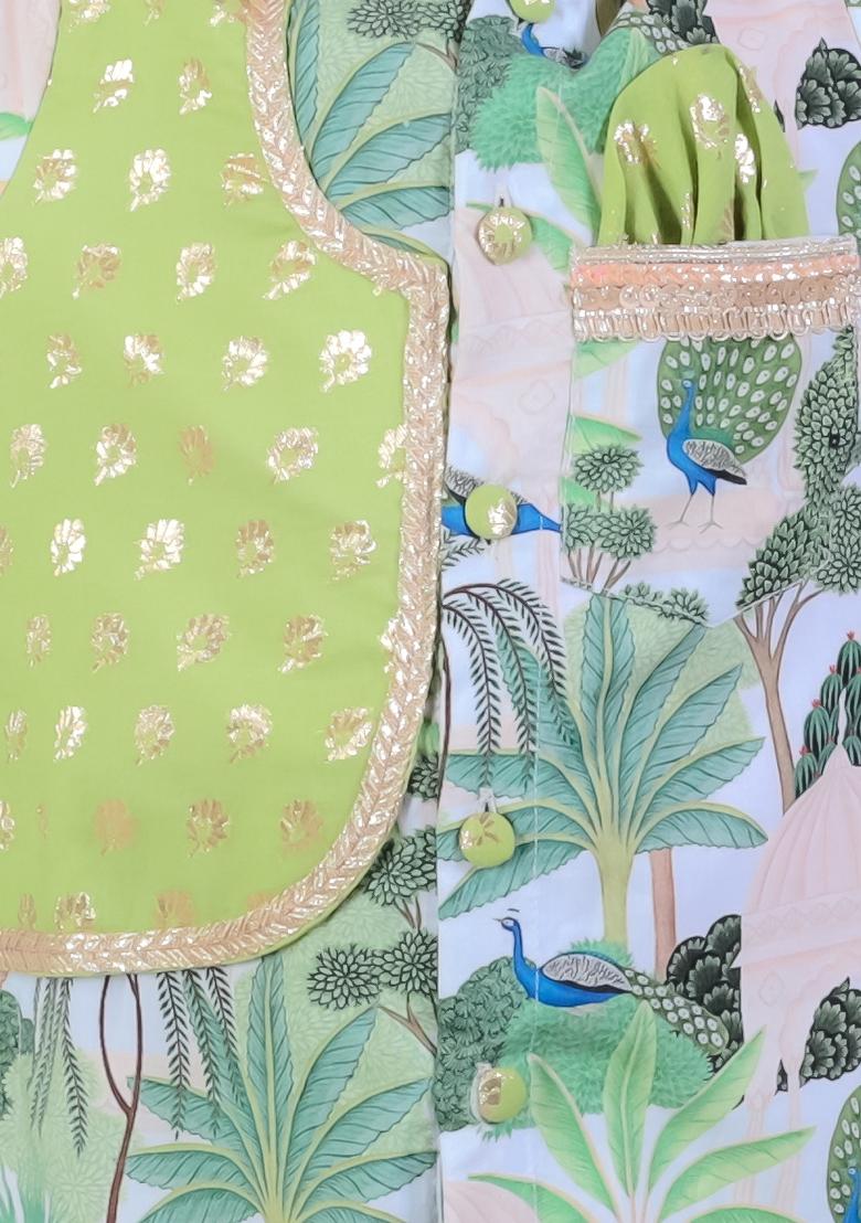 Green Embroidered Cotton Silk Kurta Set Eid Wedding For Boys