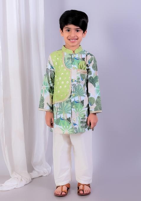 Green Embroidered Cotton Silk Kurta Set Eid Wedding For Boys