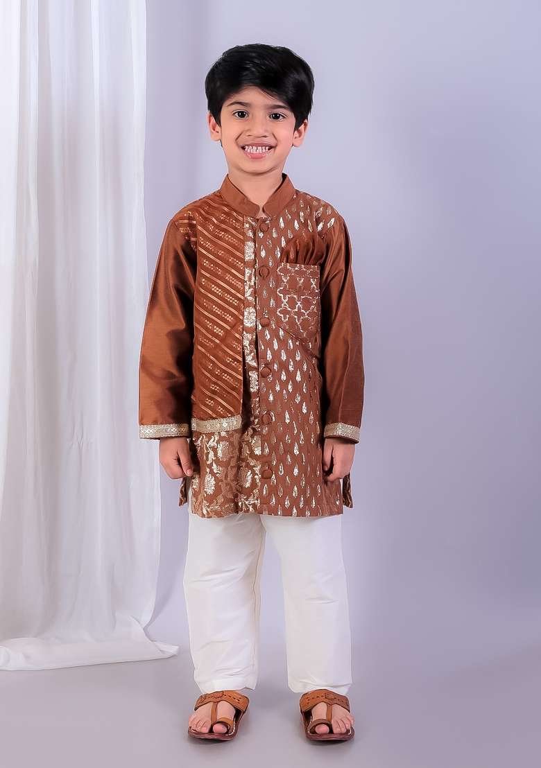 Brown Embroidered Cotton Silk Kurta Set Wedding For Boys - Indya