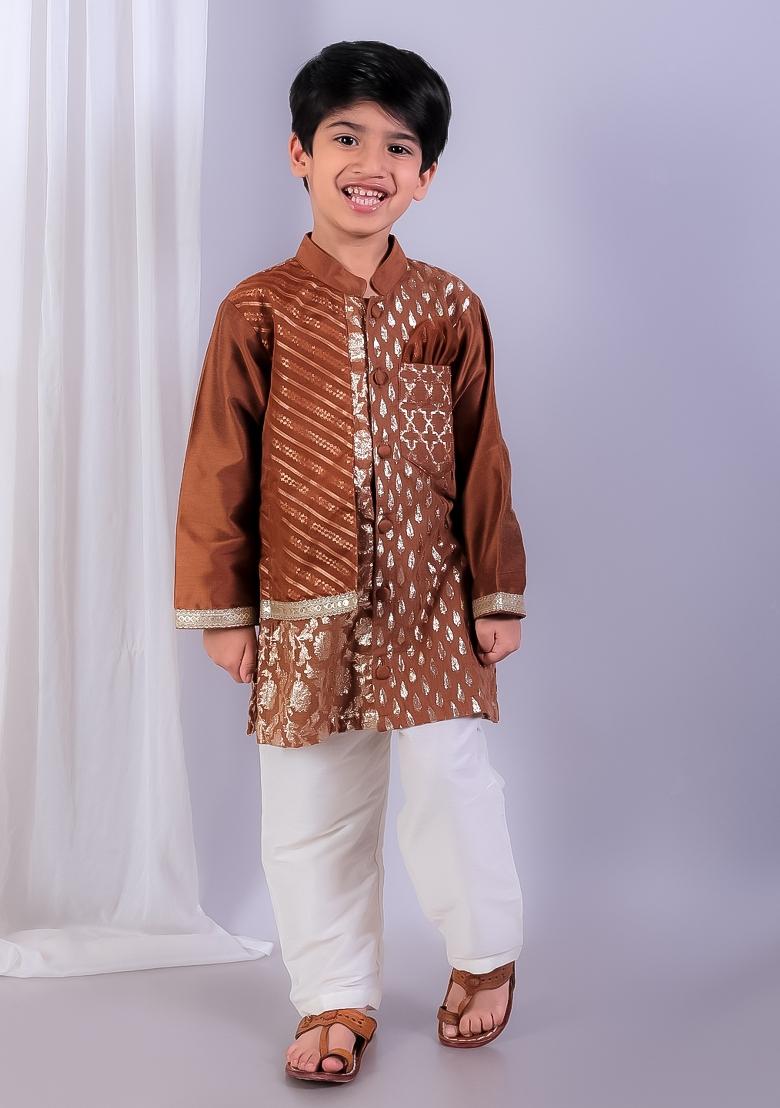 Brown Embroidered Cotton Silk Kurta Set Wedding For Boys