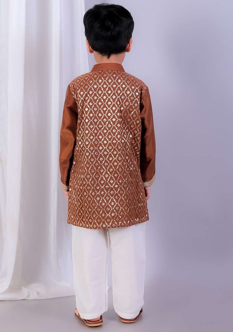 Brown Embroidered Cotton Silk Kurta Set Wedding For Boys - Indya