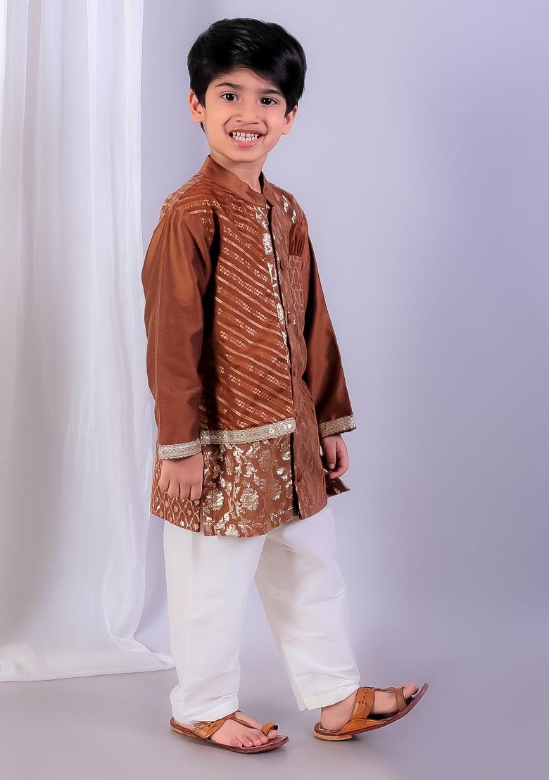 Brown Embroidered Cotton Silk Kurta Set Wedding For Boys