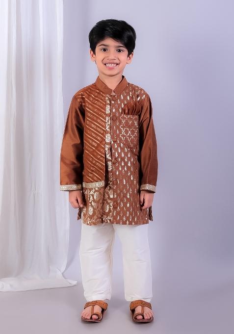 Brown Embroidered Cotton Silk Kurta Set Wedding For Boys