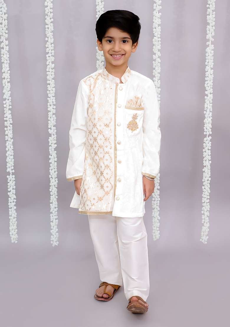 Off White Embroidered Velvet Kurta Set Wedding Eid For Boys - Indya