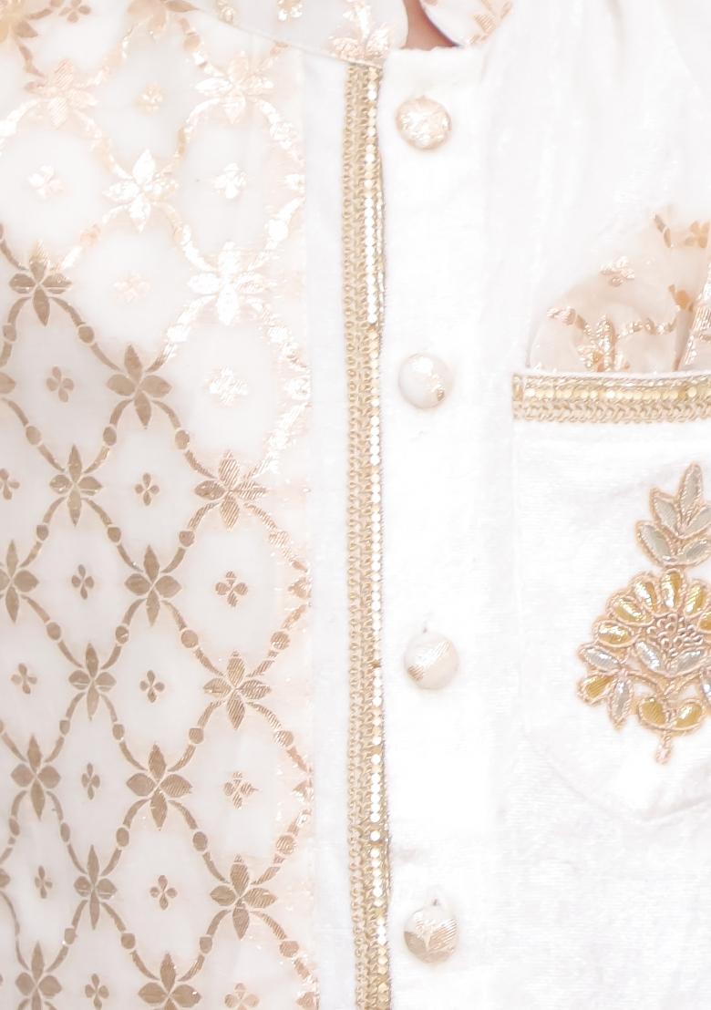 Off White Embroidered Velvet Kurta Set Wedding Eid For Boys