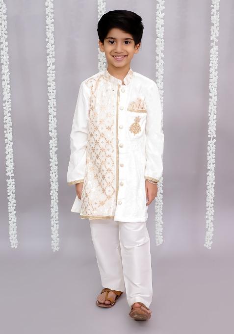 Off White Embroidered Velvet Kurta Set Wedding Eid For Boys