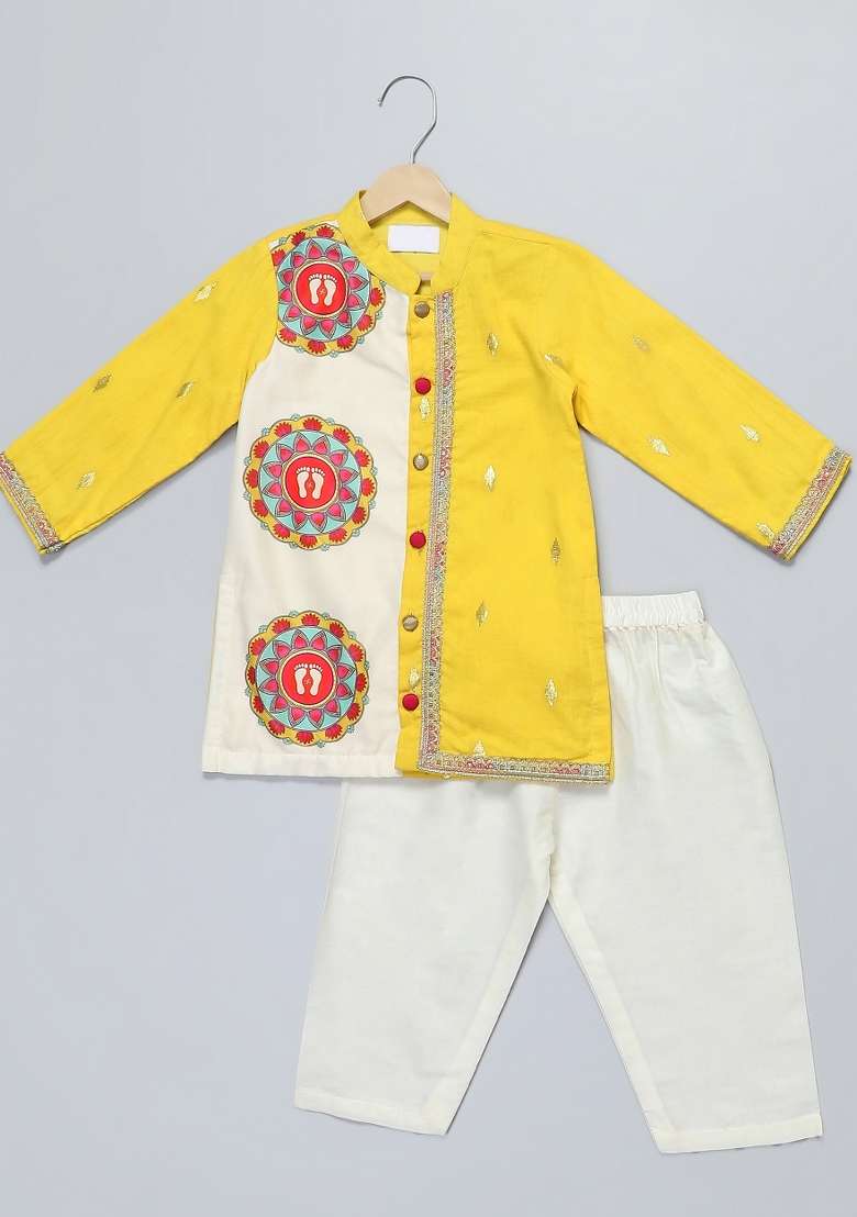 Yellow Embroidered Cotton Kurta Set Navratri Diwali For Boys - Indya